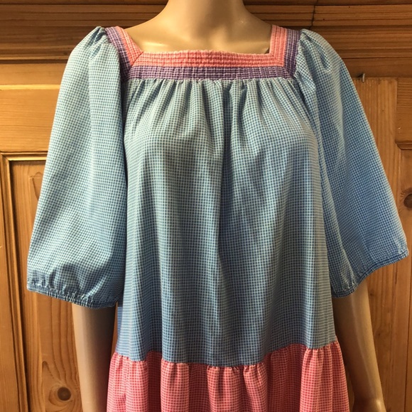 Vintage 80s Tom Bezduda for Badad Co Checkered Dress | Caftan House Coat Duster - Picture 2 of 5